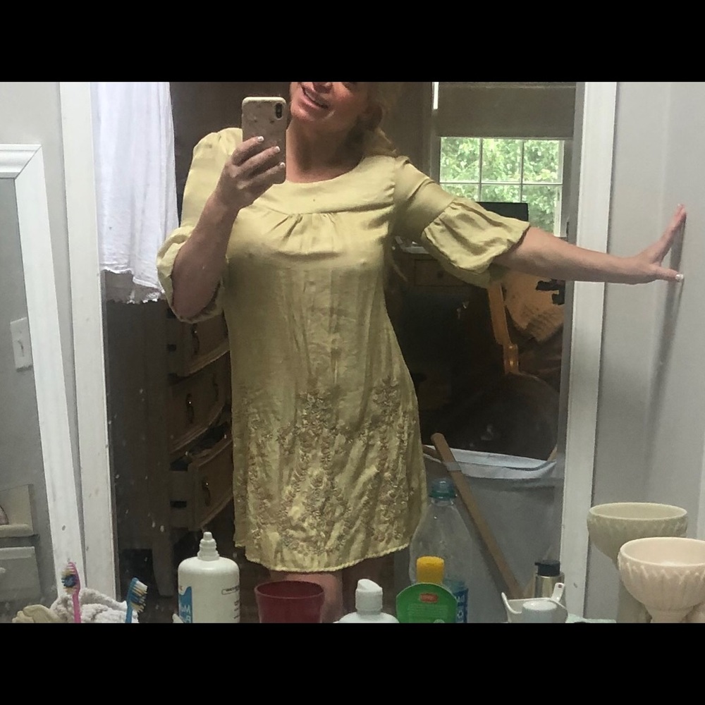 Fashion Spy gold & baby blue shift dress XS